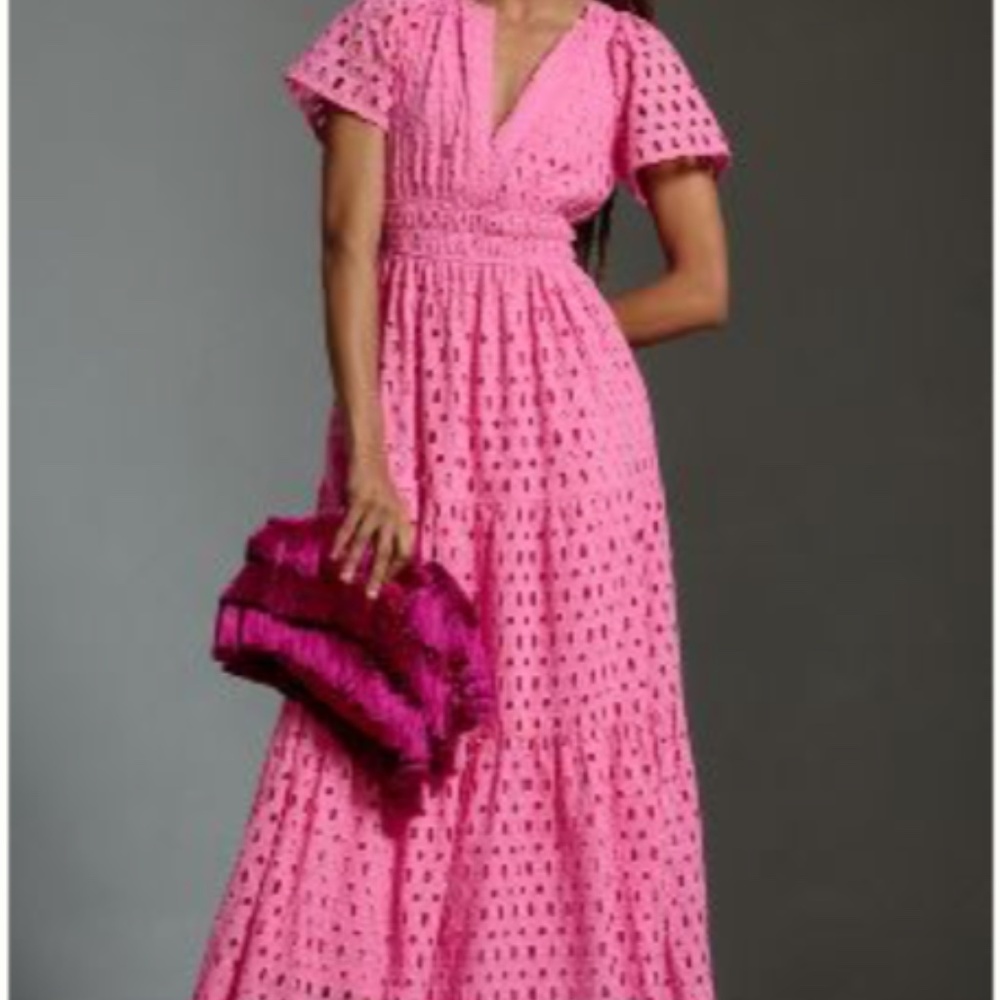 Anthropologie Hot Pink Eyelet Maxi Dress